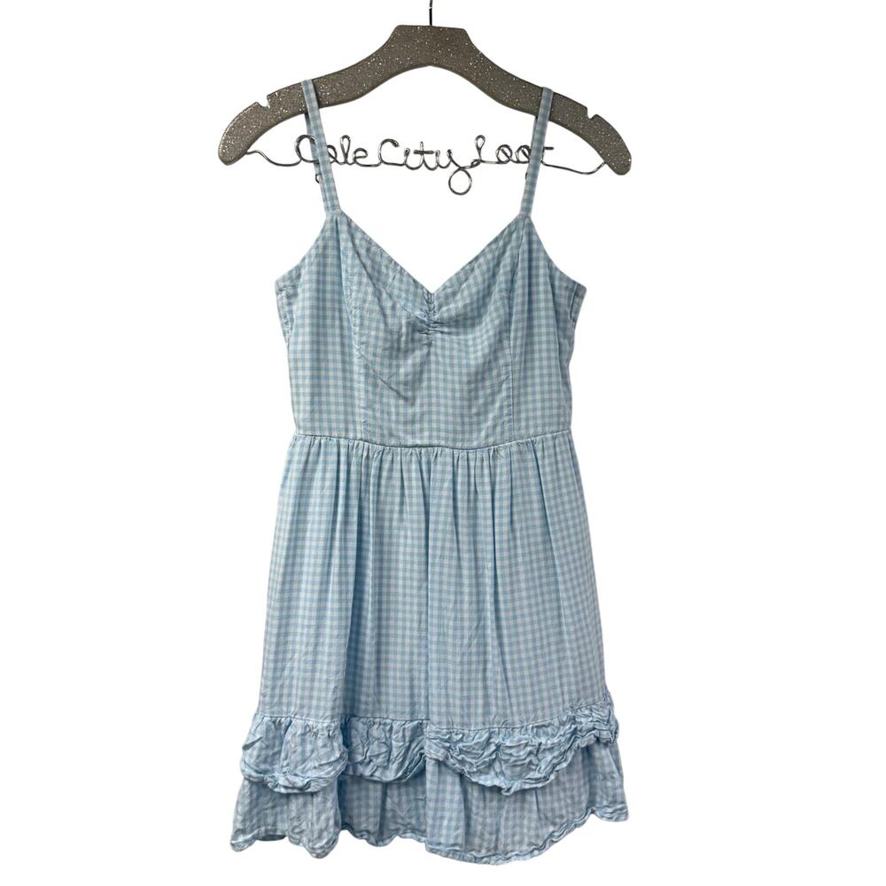 Hollister Gingham Mini Dress Baby Blue Plaid Spaghetti Strap Tie Back XS